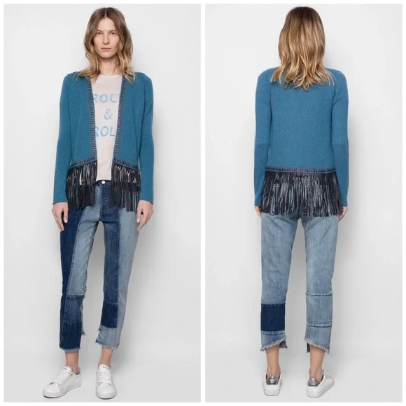 Zadig & Voltaire Marla Cashmere/ Leather Fringe Cardigan Boho Rock - Picture 3 of 15